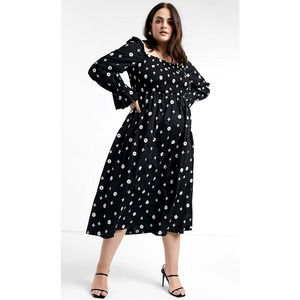 ASOS Embroidered Puff Sleeve Shirred Midi Dress in Black Cross Print 6